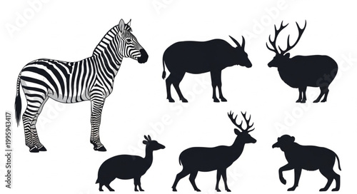 Collection of Animal Silhouettes including Zebra Deer and Antelope.