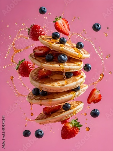 Stack of fluffy pancakes floating mid-air with strawberries, blueberries, and syrup splashes, vibrant pink background