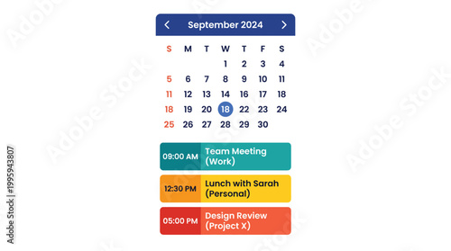Digital calendar application interface displaying september 2024 with scheduled events including a team meeting personal lunch and project design review optimized for planning