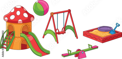 Children playground equipment with slides, swings, sandbox, and seesaw illustrating kids outdoor activities, fun recreation, and colorful park play vector illustration