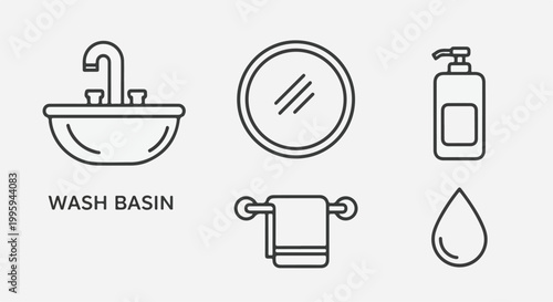 Set of 5 black outline bathroom and hygiene vector icons