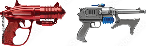 Futuristic toy ray guns set retro sci fi blaster pistols colorful plastic space weapons vector illustration isolated on light background