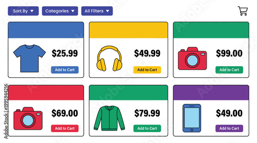 Diverse e commerce product listing grid displaying various items like clothing headphones cameras and smartphones with prices and 'add to cart' buttons against a clean white