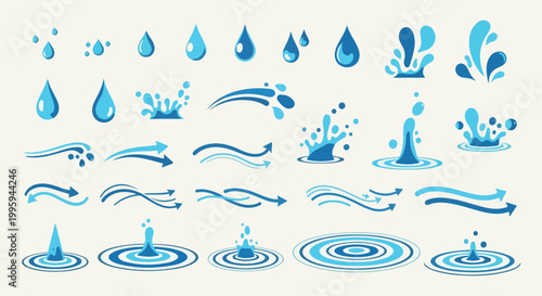 Set of 30 Blue Water Drops and Splash Elements Vector
