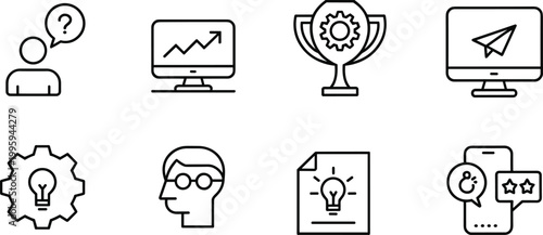 Business innovation icons set, idea growth analytics achievement symbols vector illustration collection design
