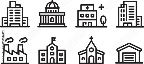 Buildings architecture icons set, city hospital school factory symbols vector illustration collection design