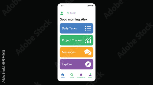 Modern mobile application interface displaying a clean home screen with personalized greeting and navigation options for daily tasks project tracking messages and exploration