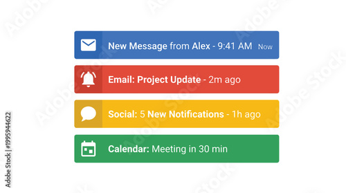Digital notification panel displaying alerts for new messages email updates social media activity and upcoming calendar appointments on a clean white background technology