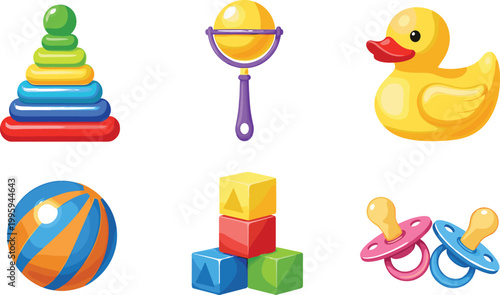 Baby toys set with stacking rings, rattle, rubber duck, ball, blocks, and pacifiers illustrating infant playtime, nursery essentials, and colorful childhood vector illustration