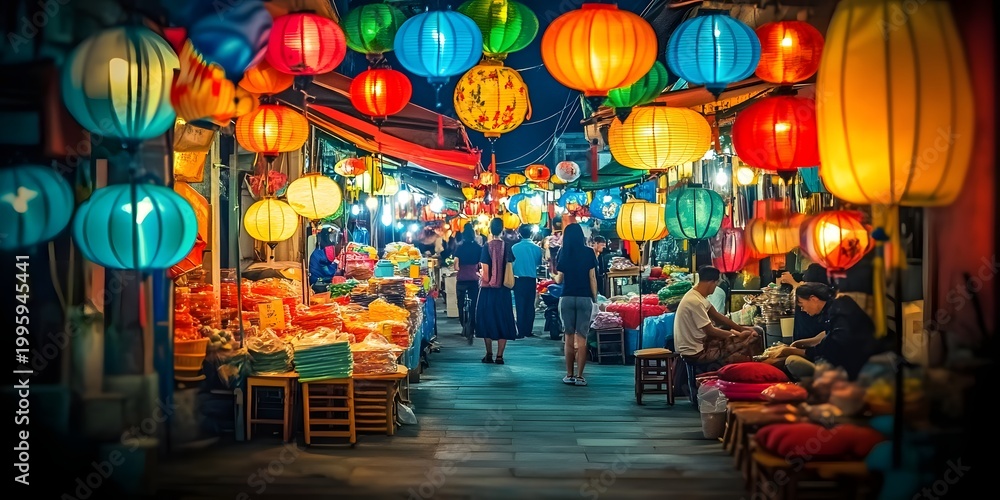 Naklejka premium Taipei night market, colorful lanterns.