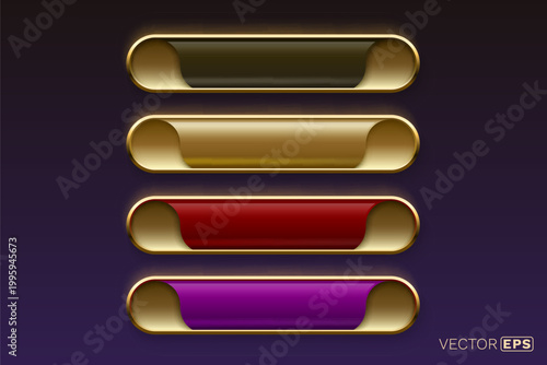 Glossy UI buttons with golden frame and subtle glow. Premium web elements in dark, gold, and red.