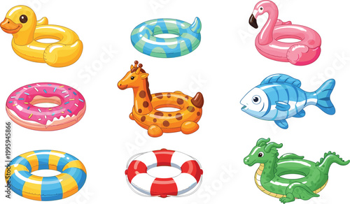 Colorful inflatable pool floats set with animal rings, donut tube, and swim accessories illustrating summer vacation fun, beach leisure, and water recreation vector illustration