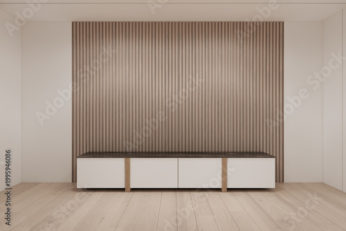 shelf on Built-in mock up smath board wall minimalist,Empty white wall on wooden floor and decoration, room japandi modern style.3D rendering