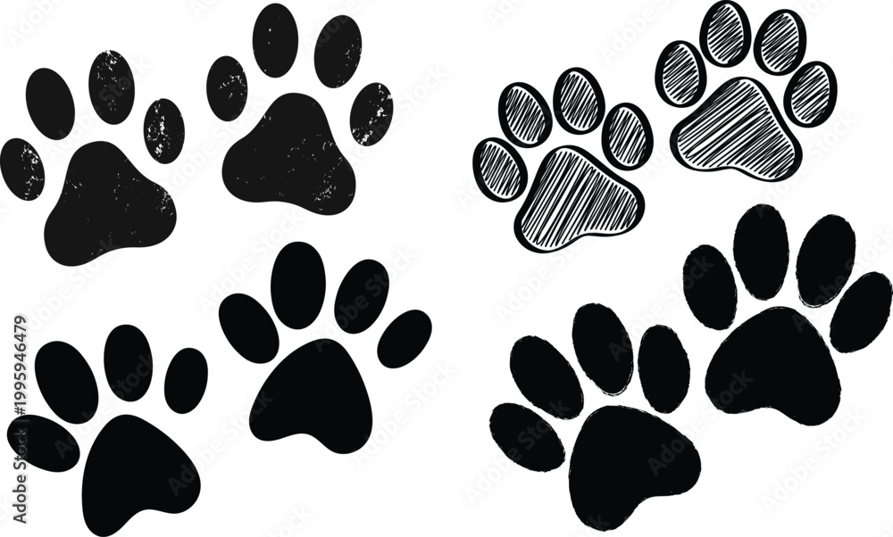 Fototapeta premium Dog paw print silhouette set with sketch style variation. Cute pet footprint icons perfect for dog, cat, veterinary & wildlife branding & print.