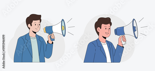Professional businessman in a suit uses a megaphone to make a loud announcement or public statement in an office setting.