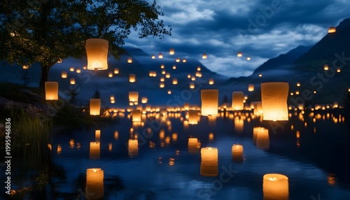 Floating Lantern Festival, lake.