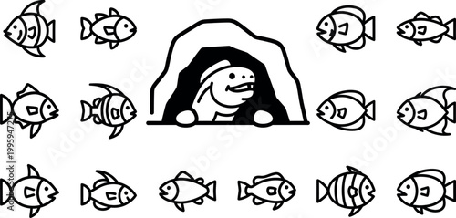 Cartoon fish swimming around a turtle peeking from a cave entrance underwater
