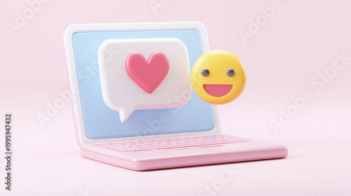 3D Laptop with like icon. Social media marketing concept. Heart emoji speech bubble. Social network message on computer screen. Cartoon creative design icon isolated on white background. 3D Rendering