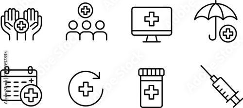 Healthcare medical icons set, hospital treatment insurance symbols vector illustration collection design