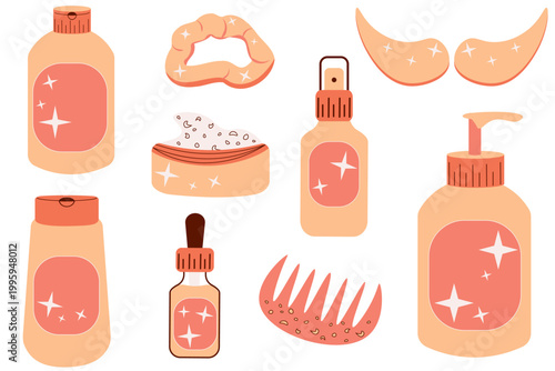 Modern collection of essential beauty and skincare products in a soft peach palette, featuring serums, eye masks, and hair accessories for wellness and self care branding.