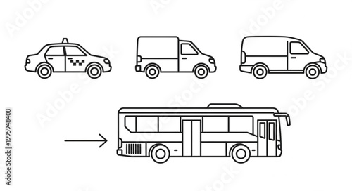 Collection of various vehicles including a taxi van and bus.