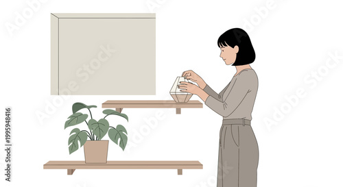 Woman arranging plants and decor on shelves, minimalist home interior design
