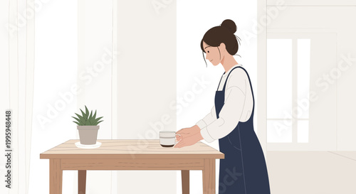 Woman arranging table with plant and drink, cozy home interior, natural light