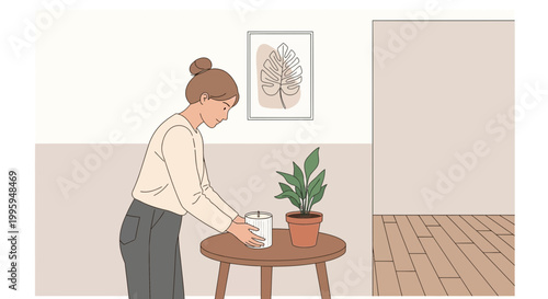 Woman caring for potted plant on a table in a minimalist room
