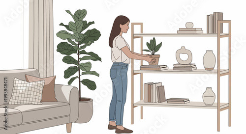 Woman arranging plants and decor on a bookshelf in a bright, modern living room