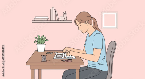 Woman crafting at a table, creating handmade jewelry, hobby, focus, concentration