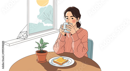 Woman Enjoying Morning Coffee and Toast by Window with Sunlight
