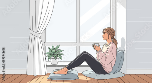 Woman enjoys coffee by window, cozy home, natural light, peaceful moment