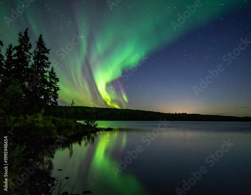 Aurora borealis over calm lake water.