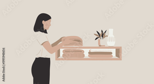 Woman folding laundry and organizing shelves, minimalist home organization concept