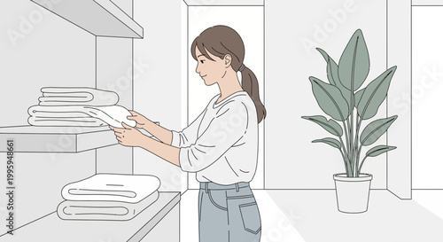 Woman folding clean laundry, tidying up home, domestic chores, organized household