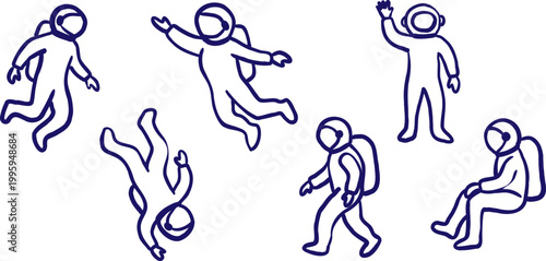 hand drawn astronaut silhouette vector set cosmic explorers in different poses line art character illustration on white background