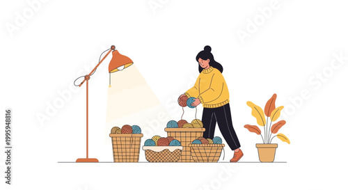 Woman knitting with colorful yarn balls in baskets under a lamp, cozy hobby concept