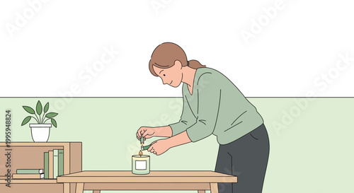 Woman lighting a candle on a table, home decor, cozy atmosphere, relaxation
