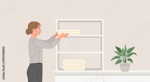 Woman neatly folding and stacking clean towels on a shelf, home organization concept