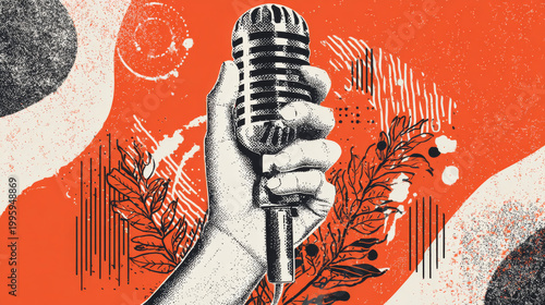 Trendy Halftone Collage Hand holding studio microphone. Talk show and interview. Podcast broadcast and radio news. Karaoke poster. Open mic festival. Contemporary vector illustration art