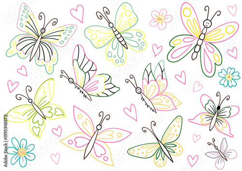 Set of cute butterflies in soft pink and blue tones with decorative wings and small hearts. Perfect for children's textiles, children's products.jpg