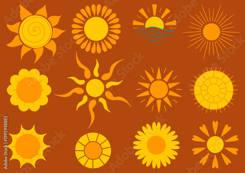 Set of bright sun icons. Perfect for weather apps, summer themes