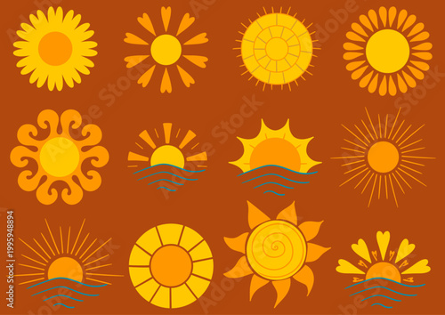 Set of bright sun icons. Perfect for weather apps, summer themes
