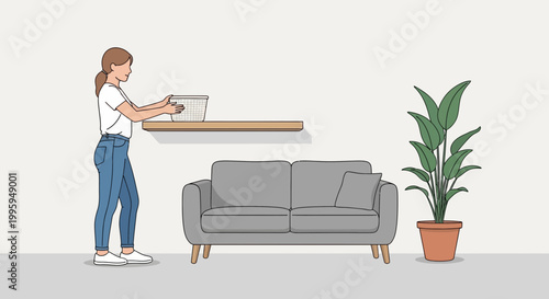 Woman placing storage bin on shelf above sofa, modern living room interior