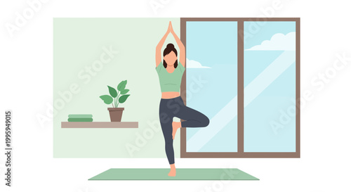 Woman practicing yoga tree pose (Vrksasana) indoors near a window, promoting wellness and balance.