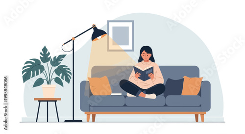 Woman Reading Book on Sofa in Cozy Living Room with Floor Lamp and Plant
