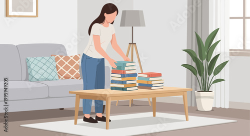 Woman tidying books on coffee table in cozy living room, home organization concept