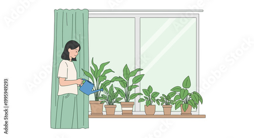 Woman watering houseplants on windowsill, creating a green oasis indoors.