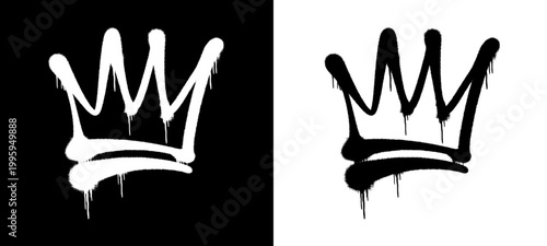 Bold urban graffiti tag style illustration of a king crown with spray paint drips. White street art hand style lettering representing power, authority, and street royalty.