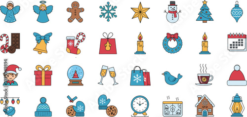 Christmas and Winter Holiday Icons Set with Festive Symbols, Decorations, and Seasonal Elements for Vector Illustration.
